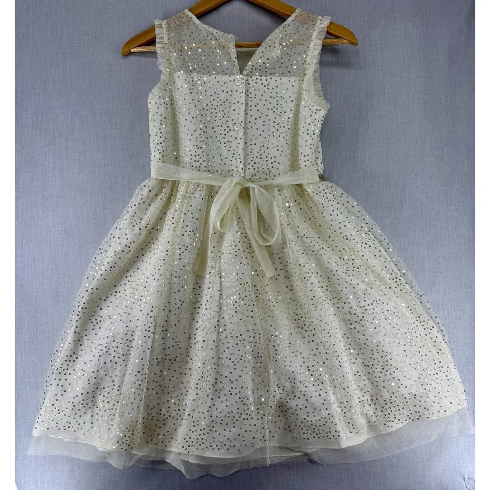 JONA MICHELLE‎ Dress Girls Size 12 Ivory/ White Gold Sequins Bow Holiday EUC